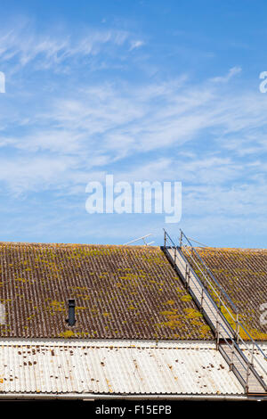 La Scaletta del gantry su un tetto in amianto che conducono verso il blu intenso del cielo. Foto Stock