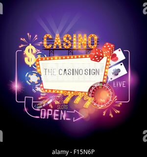 Party Casino vettore - Ruolo del dado - vincere alla grande! Casino illustrazione vettoriale design con poker, giocando a carte, slots e roulette. Illustrazione Vettoriale