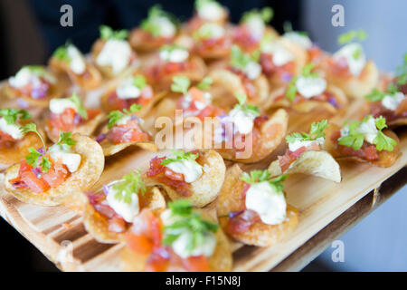Close-up di antipasti con cipolle, formaggio, pomodori e panna acida su un chip di patate su un bordo o a un evento, Canada Foto Stock