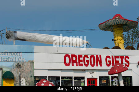 Sutherlin, Oregon, Stati Uniti d'America. Il 27 agosto, 2015. Una 27-piedi lungo replica di una sigaretta di marijuana è visualizzato sul tetto del Magic Mushroom/Oregon doni negozio adiacente alla Interstate 5 in Sutherlin. Il proprietario del negozio mettere il gigante giunto sul display dopo gli elettori legalizzato l'uso ricreativo di marijuana nel corso di quest'anno. Su Wedesday è stato annunciato che il consiglio comunale nella piccola città potrebbe smettere di combattere il display del grande doobie che il proprietario del negozio di Harry dice Pinsent è il più grande della costa occidentale. © Robin Loznak/ZUMA filo/Alamy Live News Foto Stock