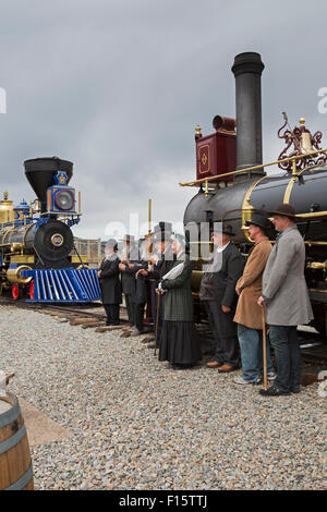 Promontory Summit, Utah - Golden Spike National Historical Park, dove la prima ferrovia transcontinentale fu completata nel 1869. Foto Stock