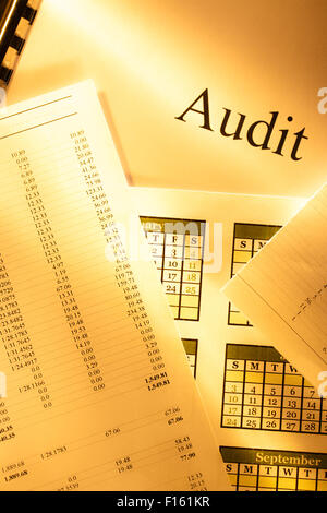 Bilancio annuale, calendario e audit in tonificante Foto Stock