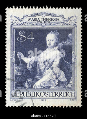 Timbro stampato da Austria, mostra l'Imperatrice Maria Theresia ritratto di Martin van Meytens, circa 1980 Foto Stock