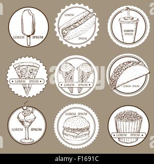 Schizzo set di fast food e gelato logotipi in stile vintage, vettore Illustrazione Vettoriale