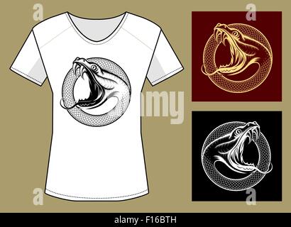 T-Shirt Stampa in tre varianti di colore. Testa di serpente con la bocca aperta contro il cerchio di pelle di serpente. Illustrazione Vettoriale