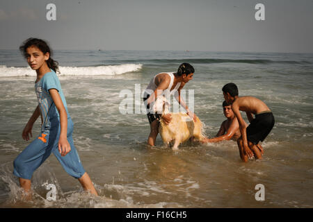 La striscia di Gaza, la Palestina. 28 Agosto, 2015. Palestinesi giocare e nuotare in spiaggia del Mare Mediterraneo come essi godono di un clima caldo e nel nord della Striscia di Gaza. © Ahmed Hjazy/Pacific Press/Alamy Live News Foto Stock
