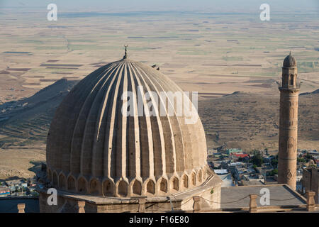 La cupola della Zinciriye Medresesi (Sultan Isa) con le pianure mesopotamiche in bkgd. Mardin. Anatolia orientale. La Turchia. Foto Stock