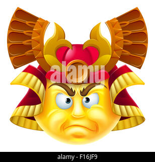 Un cartoon samurai emoticon carattere emoji indossando un samurai warriors casco Foto Stock