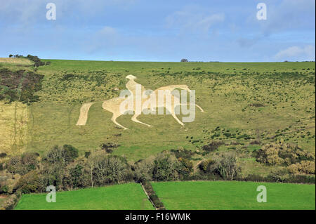 Osmington White Horse, collina la figura di George III a cavallo scolpito nel calcare Osmington hill, Dorset, England, Regno Unito Foto Stock