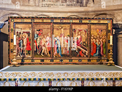 Il Despenser Reredos o retablo, un tardo 14thC artwork in san Luca Cappella, Norwich Cathedral e Norwich, Norfolk, Inghilterra, Regno Unito Foto Stock