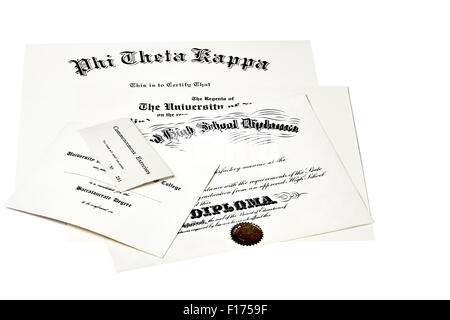 Istruzione i documenti di certificazione tra cui diploma di scuola superiore,inizio ticket, di fraternità e di certificazione università deg Foto Stock