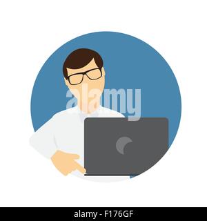 Un uomo d affari con computer portatile in un elegante stile piatto. Communi Illustrazione Vettoriale