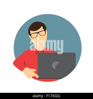 Un uomo d affari con computer portatile in un elegante stile piatto. Communi Illustrazione Vettoriale
