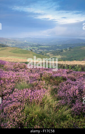 Hathersage, Peak District, Derbyshire, Regno Unito: 29 agosto 2015.vedute Hope Valley e Hathersage in una fresca misty per iniziare la giornata . Credito: IFIMAGE/Alamy Live News Foto Stock