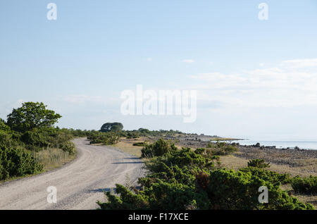 Avvolgimento su strada di ghiaia all'isola svedese Oland lungo la costa del Mar Baltico Foto Stock
