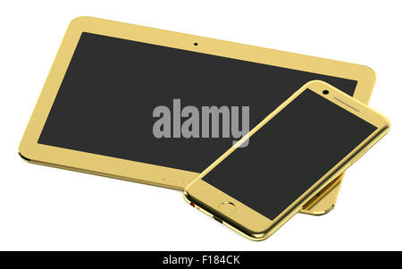 Golden Computer tablet e smartphone isolati su sfondo bianco Foto Stock