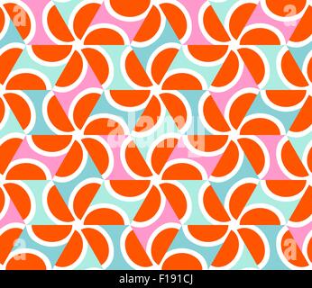 Astratta geometrica perfetta motivo pattern di sfondo. Forme colorate di arancione semicirconferenze e pallido teal, triangoli rosa Illustrazione Vettoriale