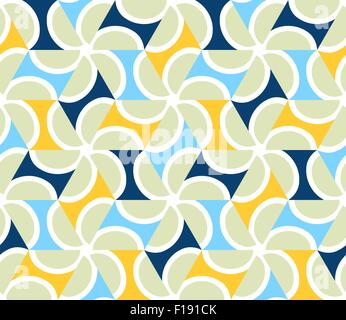 Astratta geometrica perfetta motivo pattern di sfondo. Forme colorate di verde pallido semicirconferenze e giallo, blu scuro, triangoli Illustrazione Vettoriale
