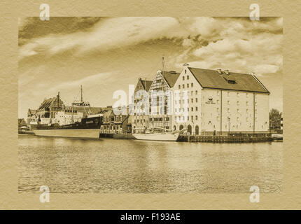 Vista sulla Motlawa al National Maritime Museum e il Museo Nave Soldek, Gdansk, Pomerania, Polonia, Europa Foto Stock