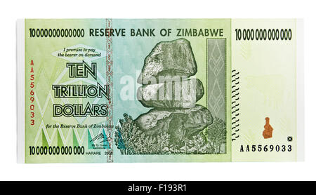 Zimbabwe dieci trilioni di dollari bill - hyper concetto di inflazione. (Questa banconota non utilizzato nel presente giorni) Foto Stock