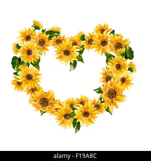 Il pattern di fioritura fiori di colore giallo girasole dipinti ad acquerello per la progettazione. Illustrazione raster Foto Stock