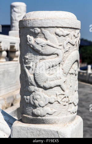 Dettaglio di newel in marmo, la sala di preghiera per i buoni raccolti e il Tempio del Paradiso, Pechino, Dhina Foto Stock