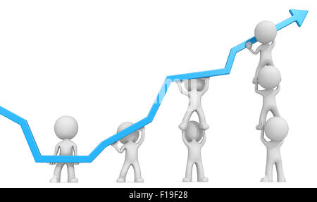 Dude personaggi 3D X7 la gente di affari spinge in alto il grafico blu. Sfondo bianco. Foto Stock