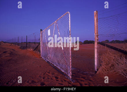 Uno dei tanti cancelli lungo la recinzione DINGO nell'Outback australiano. Foto Stock