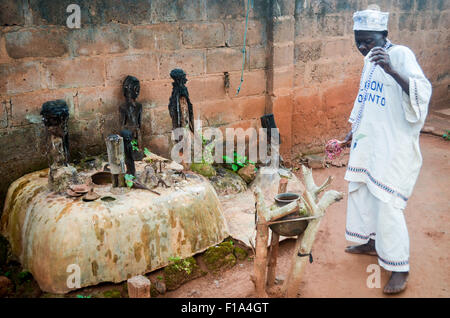 Sacerdote Voodoo celebrando con Voodoo statue utilizzata per cerimonie voodoo in Abomey, Benin Foto Stock