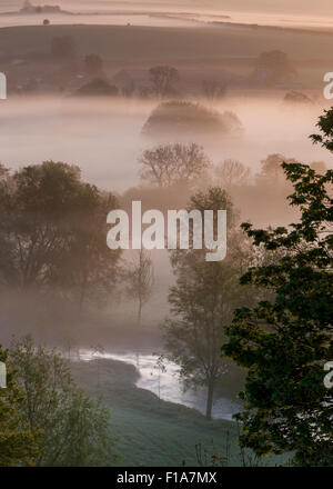 Un fiume che scorre attraverso la campagna mentre la nebbia di prima mattina avvolge gli alberi e le colline ondulate all'alba nella campagna del Dorset, Regno Unito Foto Stock