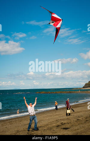 Aberystwyth, Wales, Regno Unito. Il 31 agosto, 2015. Regno Unito Meteo : un uomo godendo di volare un aquilone al sole su una ventilata ma calda e soleggiata lunedì festivo sulla spiaggia in riva al mare in Aberystwyth, sulla West Wales coast UK Photo credit: Keith Morris / Alamy Live News Foto Stock