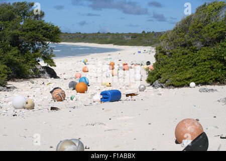 Spazzatura - la pesca boe, taniche e molto di più - sulla spiaggia a est, Isola di Henderson, South Pacific. Foto Stock