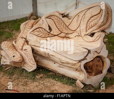 Cheshire, Regno Unito. 31 Agosto, 2015. Andy O'Neill's intagliato sedile a xi English Aperto Chainsaw Carving concorso al gioco di Cheshire e paese mostra presso la Contea di Cheshire Showground Credito: John Hopkins/Alamy Live News Foto Stock