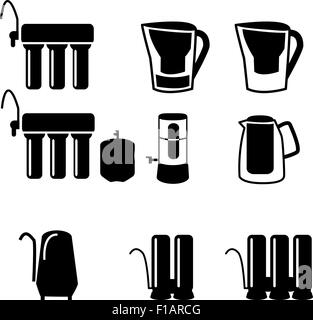 Set di filtro dell'acqua in silhouette nera lo stile dell'icona, isolato su sfondo bianco. Sistema ad osmosi inversa. Illustrazione Vettoriale