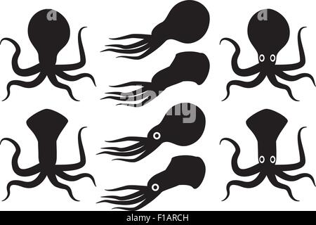 Silhouette di calamari e vettore kraken, isolato su bianco Illustrazione Vettoriale