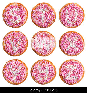 "Beschuit met muisjes', un tradizionale trattamento per festeggiare la nascita di un bambino nei Paesi Bassi. Rosa per una ragazza. Foto Stock