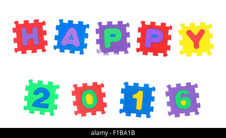 Happy 2016 da lettera puzzle, isolati su sfondo bianco. Foto Stock