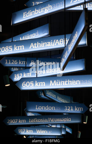 Direzione segni con le città europee Foto Stock