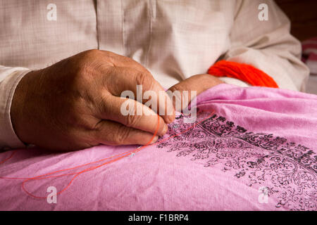 India, Jammu e Kashmir Srinagar, Città Vecchia, le mani del vecchio maestro ricamatore ricamo modello pashmina Foto Stock