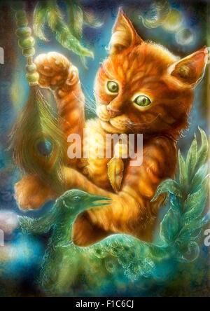 Bella fantasia pittura colorata di un raggiante orange cartoon cat giocando con una piuma di pavone e smeraldo Phoenix Bird, occhio Foto Stock