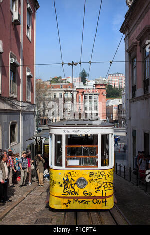 Il Portogallo, Lisbona, persone in attesa in linea per Gloria - Funicolare Elevador da Gloria Ascensore veicolo Foto Stock