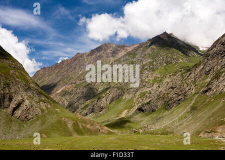 India, Jammu e Kashmir, le pecore e le capre pascolano in alta altitudine pascoli in montagna a nord di Zoji La Pass Foto Stock