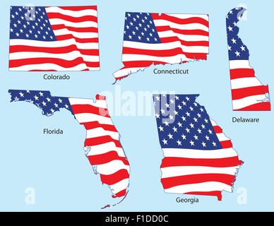 Connecticut, Colorado, Delaware, Florida e Georgia delinea con bandiere, ciascuno individualmente raggruppate Illustrazione Vettoriale
