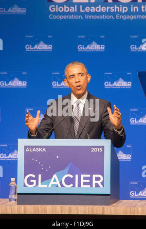 Anchorage in Alaska,, Stati Uniti d'America. 1 Sep, 2015. Il presidente Barack Obama parlando alla conferenza sul ghiacciaio sul riscaldamento globale, Anchorage in Alaska,, 8-31-2015 Credito: Ron Levy/ZUMA filo/Alamy Live News Foto Stock