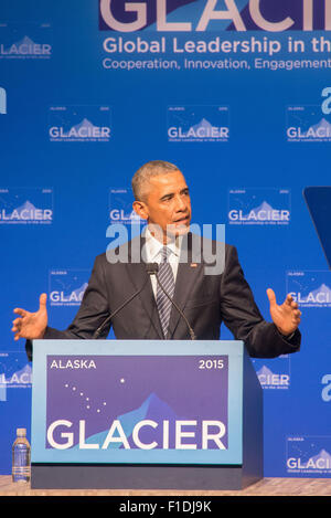 Anchorage in Alaska,, Stati Uniti d'America. 1 Sep, 2015. Il presidente Barack Obama parlando alla conferenza sul ghiacciaio sul riscaldamento globale, Anchorage in Alaska,, 8-31-2015 Credito: Ron Levy/ZUMA filo/Alamy Live News Foto Stock