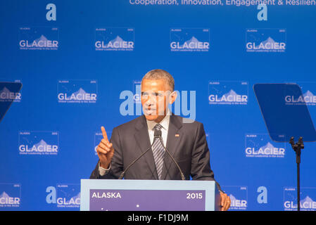 Anchorage in Alaska,, Stati Uniti d'America. 1 Sep, 2015. Il presidente Barack Obama parlando alla conferenza sul ghiacciaio sul riscaldamento globale, Anchorage in Alaska,, 8-31-2015 Credito: Ron Levy/ZUMA filo/Alamy Live News Foto Stock