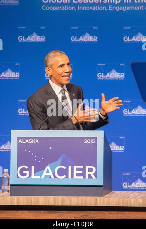 Anchorage in Alaska,, Stati Uniti d'America. 1 Sep, 2015. Il presidente Barack Obama parlando alla conferenza sul ghiacciaio sul riscaldamento globale, Anchorage in Alaska,, 8-31-2015 Credito: Ron Levy/ZUMA filo/Alamy Live News Foto Stock