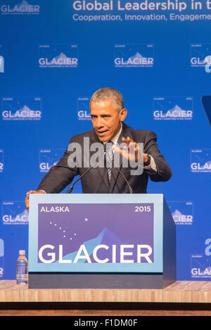 Anchorage in Alaska,, Stati Uniti d'America. 1 Sep, 2015. Il presidente Barack Obama parlando alla conferenza sul ghiacciaio sul riscaldamento globale, Anchorage in Alaska,, 8-31-2015 Credito: Ron Levy/ZUMA filo/Alamy Live News Foto Stock