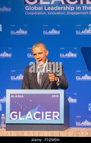 Anchorage in Alaska,, Stati Uniti d'America. 1 Sep, 2015. Il presidente Barack Obama parlando alla conferenza sul ghiacciaio sul riscaldamento globale, Anchorage in Alaska,, 8-31-2015 Credito: Ron Levy/ZUMA filo/Alamy Live News Foto Stock