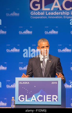 Anchorage in Alaska,, Stati Uniti d'America. 1 Sep, 2015. Il presidente Barack Obama parlando alla conferenza sul ghiacciaio sul riscaldamento globale, Anchorage in Alaska,, 8-31-2015 Credito: Ron Levy/ZUMA filo/Alamy Live News Foto Stock